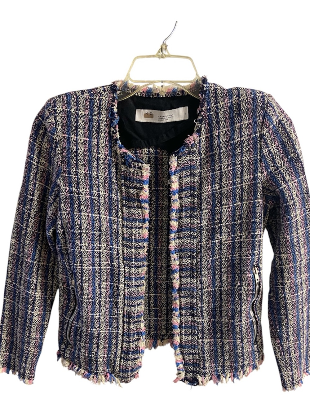 IRO Blue & Multi Tweed Frayed-Edge Cropped Blazer Sz 4